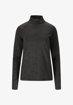 Mustat pitkähihainen neule, jossa on puoli-vetoketju kaulus, ja joka esittelee tekstuurilla ja kuviolla rikastetun pinnan sekä hyvin istuvat hihat.