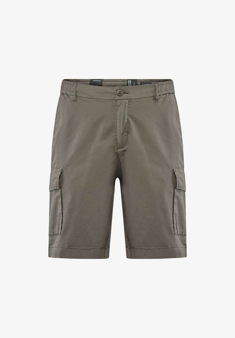 Pantaloni cargo verde oliva, realizzati in tessuto leggero. Le caratteristiche includono tasche laterali, chiusura con bottone e orli cuciti.