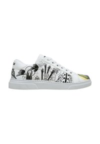 White sneakers featuring black graphic illustrations, including hands and abstract shapes, with a textured rubber sole and lace-up design.
