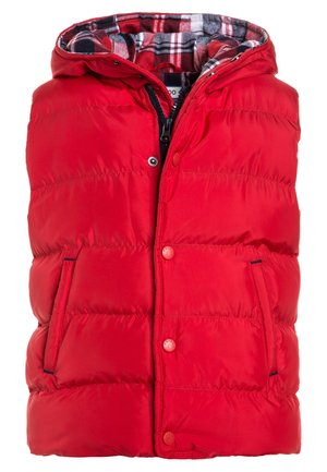 Gilet imbottito rosso senza maniche con cappuccio, cerniera nera, bottoni a pressione, due tasche frontali e fodera interna del cappuccio in tessuto a quadri.