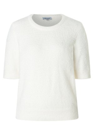 Weißes Kurzarm-Pullover aus weichem, strukturiertem Stoff mit rundem Ausschnitt. Das Design ist einfach, ohne zusätzliche Muster oder Akzente.
