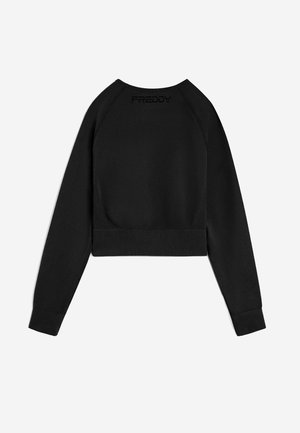 Sudadera negra cortada con puños y dobladillo acanalados, con una textura suave y un logo "FREDDY" en la parte posterior del cuello.