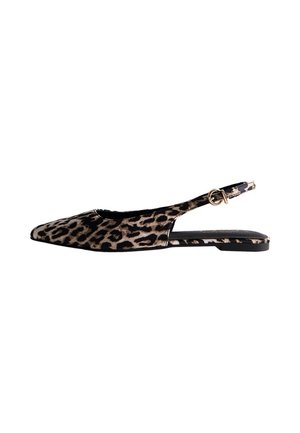 Flad slingback-sko med spids tå, stof med leopardprint og justerbar spænde-rem i sorte og brune toner.