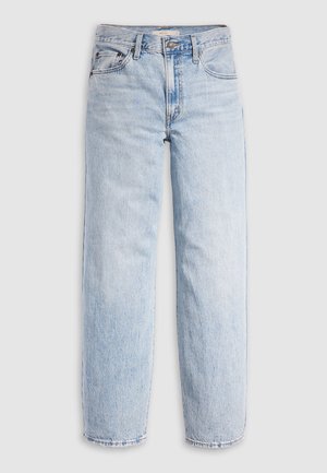 Svetlo modre jeans hlače z visokim pasom, sproščenim krojem, ravnimi hlačnicami in klasičnim dizajnom s petimi žepi. Videno posvetlitev in detajli šivanja.