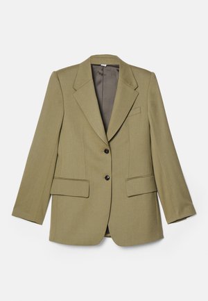 Olive green tailored blazer with two black buttons, notched lapels, flap pockets, and a chest pocket, displayed on a white background.