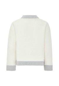 Valkoinen fleece-takki, jossa on pehmeä pinta. Siinä on harmaa kaulus ja harmaat hihansuut. Yksinkertainen, siisti muotoilu, takanäkymä esitetty.