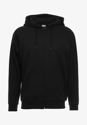 Sort zip-up hoodie med snoretræk i hætten, ribbede manchetter og to forlommer. Fremstillet af blødt, tekstureret stof med et enkelt design.