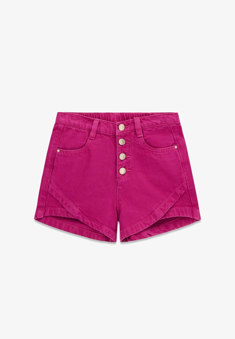Shorts en denim rose vif avec quatre boutons sur le devant, poches avant, passants pour ceinture et détails d'ourlet incliné.