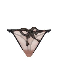 Juodas tinklinis thong kelnaitė su nude spalvos centriniu paneliu, priekyje turinti dekoratyvią juodą permatomą kaspino detalę ir plonas elastines šonus.