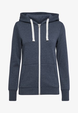 Lynlås hættetrøje i mørkeblå stof med hvide snore. Har kængurulommer og ribbede manchetter. Blød tekstur med hætte.