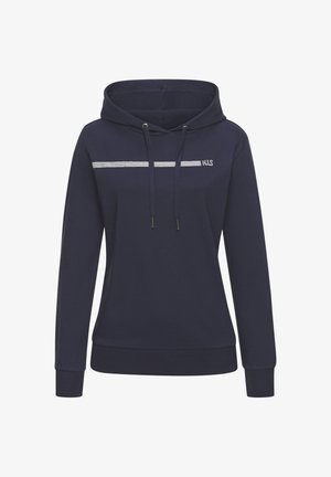 Dunkelblaues Hoodie mit einer vorderen Kängurutasche, Kapuze mit Kordelzug und einem weißen horizontalen Streifen über der Brust. Merkmale sind gerippte Bündchen und Saum.