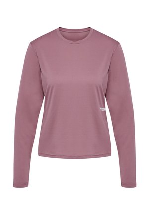 Langærmet skjorte med rund hals lavet af tekstureret, let stof i en dæmpet mauve farve, prydet med diskret branding på kanten.