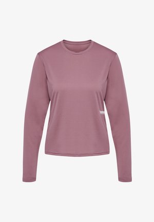 Langærmet skjorte med rund hals lavet af tekstureret, let stof i en dæmpet mauve farve, prydet med diskret branding på kanten.