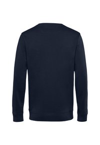 Felpa blu navy, maniche lunghe, scollatura a girocollo, texture liscia, polsini e orlo a coste, nessun logo visibile o fantasia sul retro.