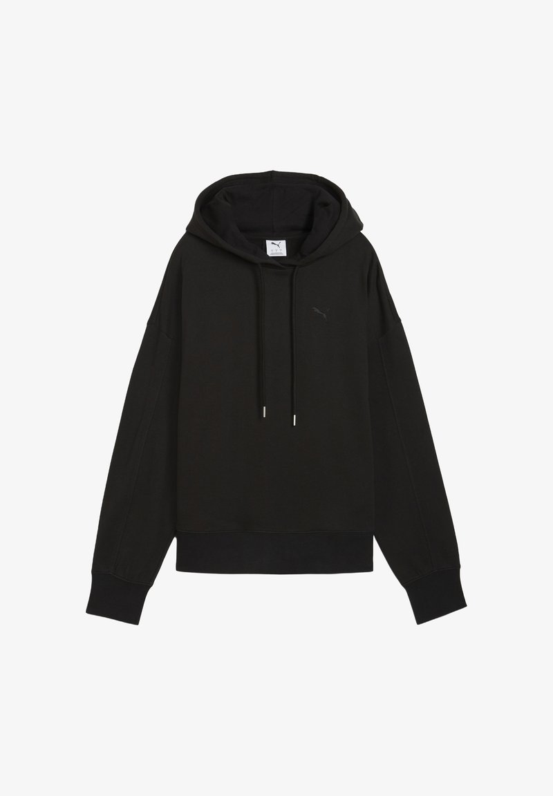 Felpa nera con cappuccio e coulisse. Presenta un logo sottile sul petto, polsini a costine e una vestibilità ampia. Realizzata in tessuto soffice.