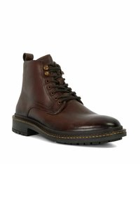 Brown leather ankle boot with dark rubber sole, round toe, and six eyelets. Features contrasting yellow stitching and a pull tab on the heel.