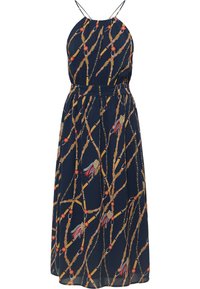 Maxiklänning i marinblått tyg, med ett kedjemönster i röd och guld. Halterneck med tunna band och insvängd midja.