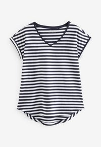 T-shirt a righe blu navy e bianche con maniche corte arrotolate, scollatura a V e orlo curvo sul fondo per una vestibilità rilassata.