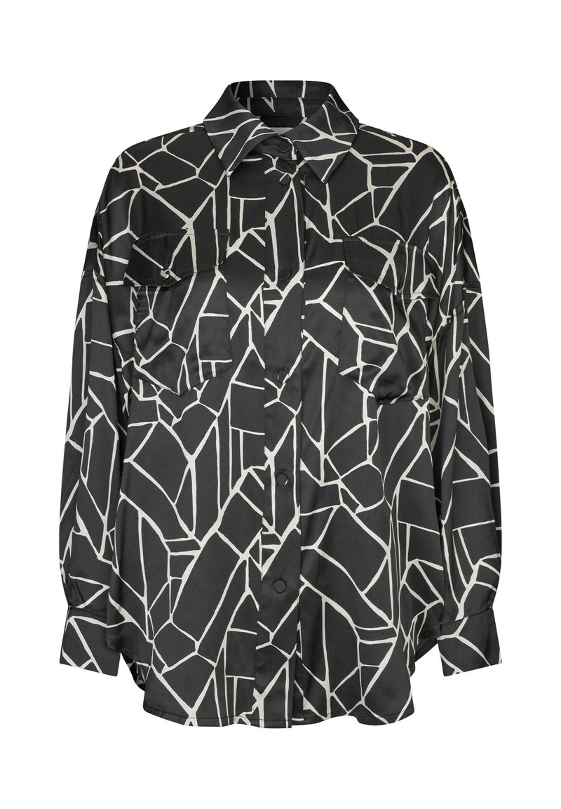 Črna srajca z belim geometrijskim vzorcem, ki ima ovratnik, dve sprednji žepki in zapiranje z gumbi, izdelana iz gladkega blaga.