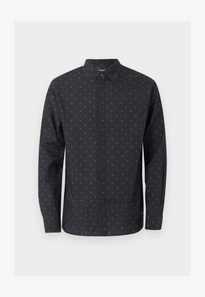 Chemise noire à manches longues avec un petit motif abstrait blanc subtil, col classique et patte de boutonnage cachée.
