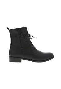 Bottines en cuir noir avec un bout arrondi, un laçage à l'avant et un talon bas empilé. Présentent des coutures minimales et une boucle à l'arrière pour un enfilage facile.