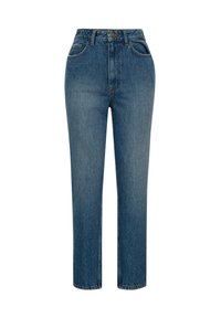 Jeans de tiro alto y pierna recta en denim azul medio. Presentan cinco bolsillos, un ligero desvanecimiento y acentos de costura. Cierre clásico con botón.