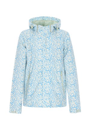 Hele sinine veekindel jope lillemustriga, kapuutsiga, lukuga ees ja kahe küljetaskuga. Sobib õues kandmiseks.