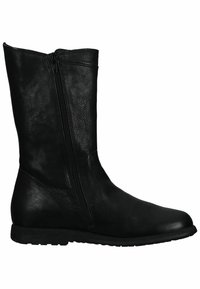 Black leather knee-high boot with a side zipper, smooth texture, rounded toe, and flat rubber sole. No visible patterns or accents.