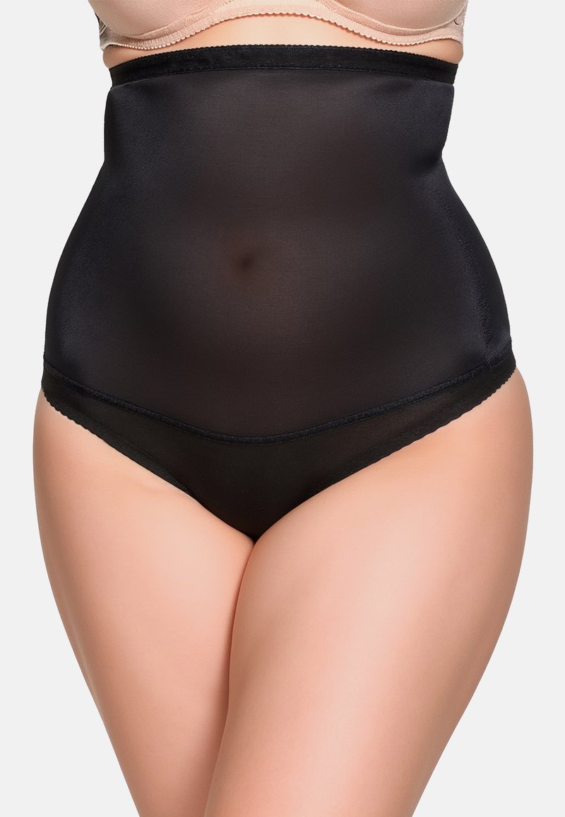 Zwarte hoog opgesneden shapewear van gladde, rekbare stof. Heeft een naadloos ontwerp en een zacht afgewerkte tailleband voor extra comfort.