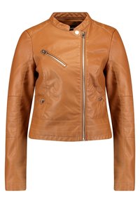 Hnědá kožená bunda s stojáčkem, diagonální kapsou na zip na hrudi, bočními kapsami a texturovanými panely na rukávech. Hladký povrch.