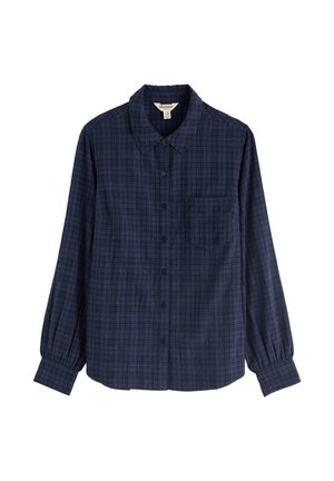 Camicia a maniche lunghe a quadri blu navy, con colletto e taschino sul petto, polsini arricciati e orlo dritto.