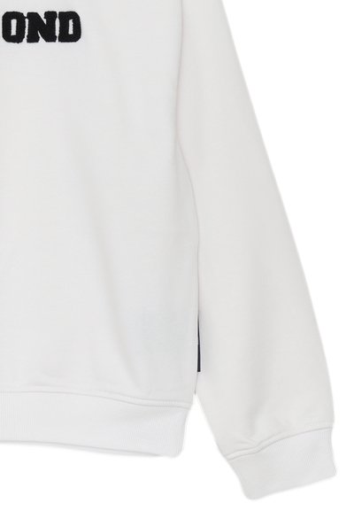 Felpa bianca con ricamo nero "BEYOND" sul petto, polsini e orlo a costine, tessuto morbido e etichetta sul lato.