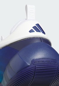 Niebiesko-białe buty sportowe z teksturowanej tkaniny, gładkiej powierzchni i gumowej podeszwy. Na tyle znajdują się napisy "ISSUE #7" oraz logo Adidas.