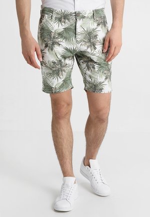 Mand iført hvide sneakers og hvide shorts med mønster af grønne palmeblade og tropiske planter står mod en ensfarvet baggrund.