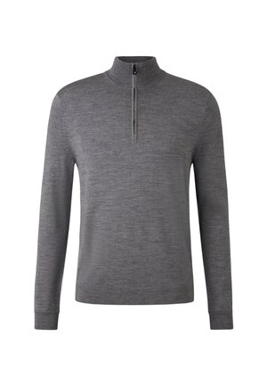 Grauer Langarm-Pullover mit hohem Kragen und halbem Reißverschluss. Der Stoff hat ein glattes, strukturiertes Erscheinungsbild ohne Muster oder Verzierungen.