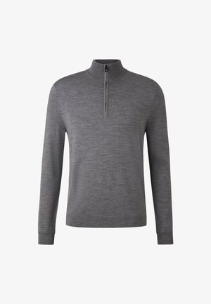 Szary długi rękaw sweter z wysokim kołnierzem i pół zamkiem. Tkanina ma gładki, teksturowany wygląd bez wzorów czy ozdób.