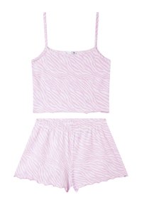 Camisola rosa a strisce zebra con spalline sottili abbinata a pantaloni corti coordinati con vita elastica e bordi scallop.