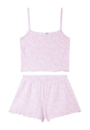 Camisola rosa a strisce zebra con spalline sottili abbinata a pantaloni corti coordinati con vita elastica e bordi scallop.