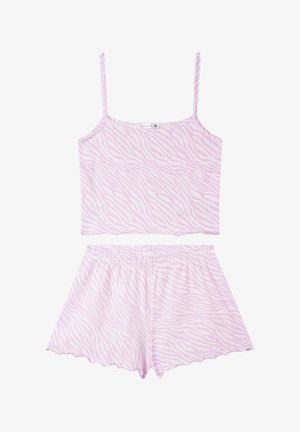 Camisola rosa a strisce zebra con spalline sottili abbinata a pantaloni corti coordinati con vita elastica e bordi scallop.