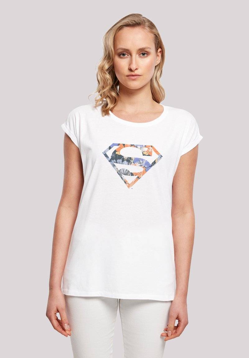 White cotton t-shirt featuring a colorful floral diamond logo on the front. Short sleeves and a rounded neckline.