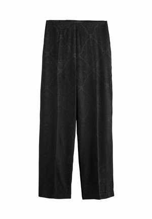 Black wide-leg trousers made of a textured fabric, featuring a subtle pattern, pleats, and an elastic waistband for comfort.