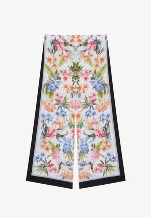 Pantaloni a gamba larga con stampa floreale simmetrica in rosa pastello, blu, arancione e verde, bordati da un bordo nero tinta unita.