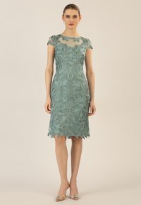Un vestito aderente fino al ginocchio di color azzurro chiaro con intricate ricami floreali, maniche a cappuccio trasparenti e un bordo scallop.