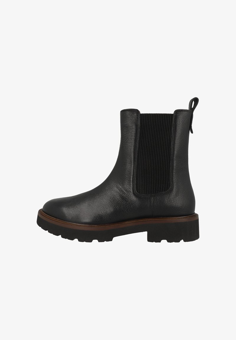 Bottine noire en cuir avec panneau latéral élastique, languette à l'arrière, bordure marron au-dessus de la semelle épaisse noire à crampons, montrée de profil droit.