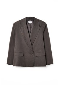 Blazer gris con solapa, cierre de un botón y dos bolsillos frontales. Tejido texturizado con un forro de satén suave.