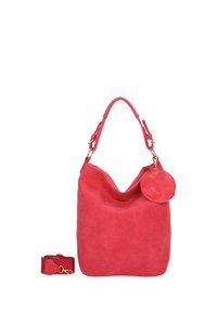 Sac hobo en suède rouge avec une bandoulière réglable et un porte-monnaie circulaire attaché à la poignée, accompagné d'une bandoulière supplémentaire détachable.