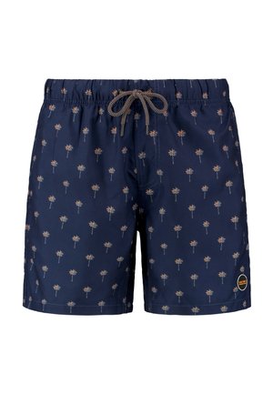 Námornícke modré plavky s potlačou paliem, elastický pás, šnúrkový uzáver a nášivka s logom na boku. Ľahký materiál.