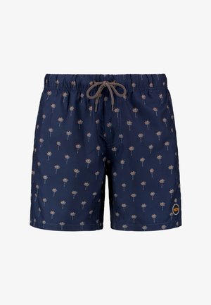 Marineblaue Badehose mit Palmenmotiv, elastischem Bund, Zugbandverschluss und einem Logopatch an der Seite. Leichtes Material.