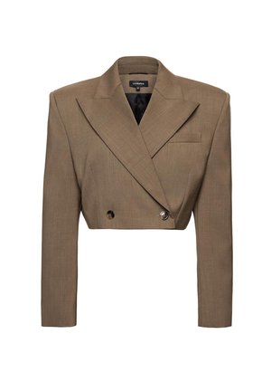 Orezané hnedé dvojradové sako s širokými klopami, dlhými rukávmi a dvoma gombíkmi vpredu, priliehavý strih, bez viditeľných vreciek.