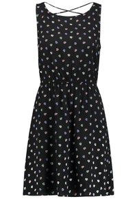 Černé bezramínkové šaty s barevným drobným květinovým potiskem, elastickým pasem a křížovými ramínky na zadní části výstřihu.